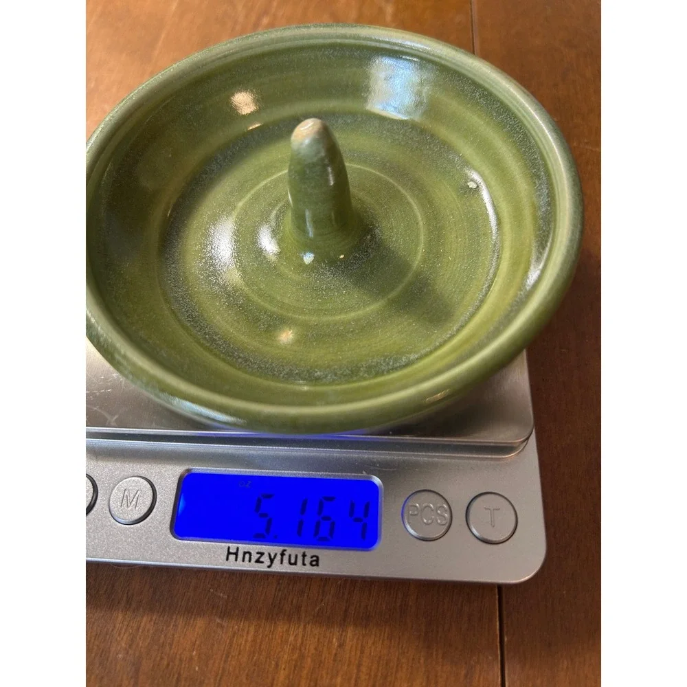 Studio Pottery Handmade Ceramic Ring Holder Dish Sage Green Glazed Signed SP